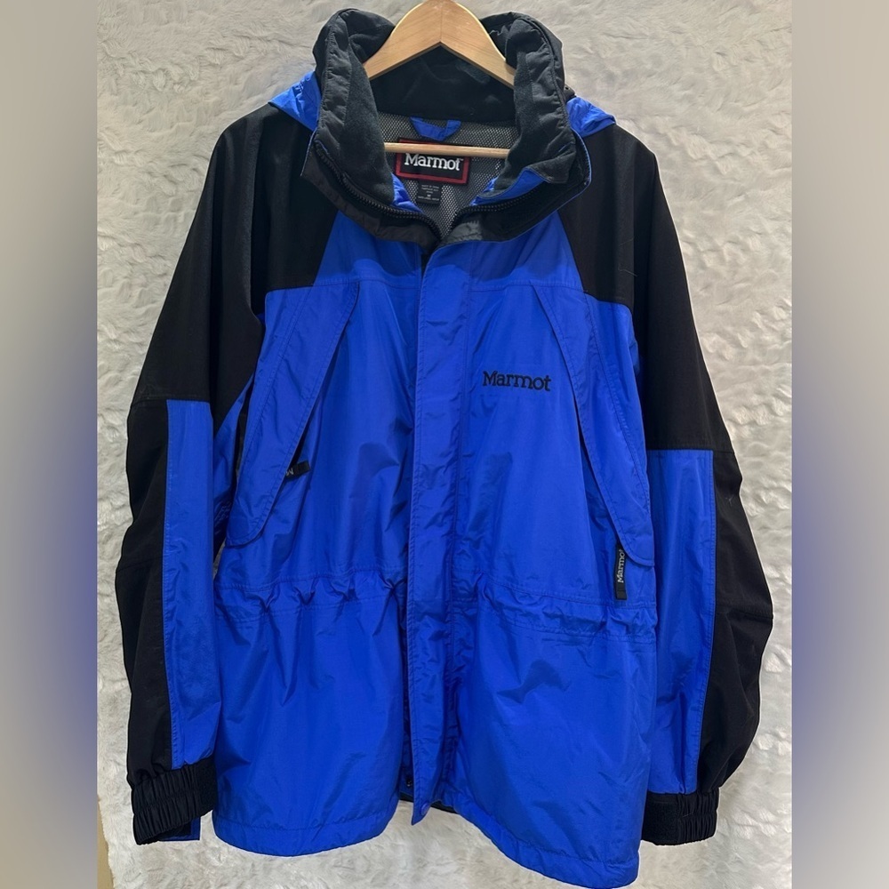 Marmot MemBrain Windbreaker Jacket Mens Medium Blue Black Zip Rain Hiking Ski